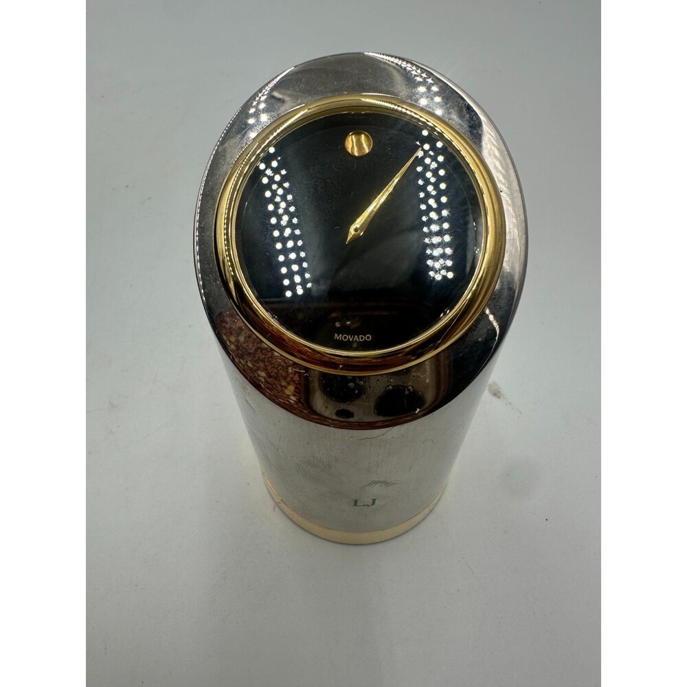 Vintage Movado Museum Dial Desk Clock Brushed Aluminum Gold & Black Face